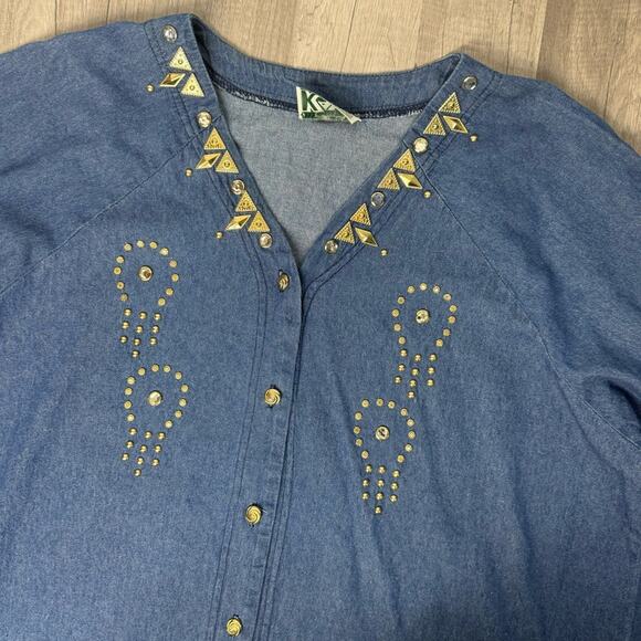 Vintage 90s Denim Long Sleeve Shirt Western Cowgirl Plus Size Gold Studs Buttons - Picture 5 of 8